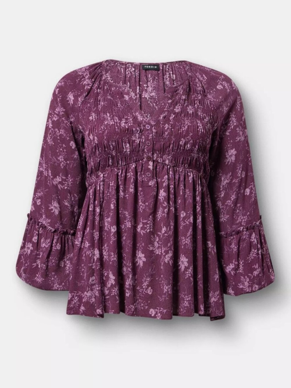 Torrid Mauve Gauze Henley Smocked Top Plus Size 1 NWT Floral Peasant Boho